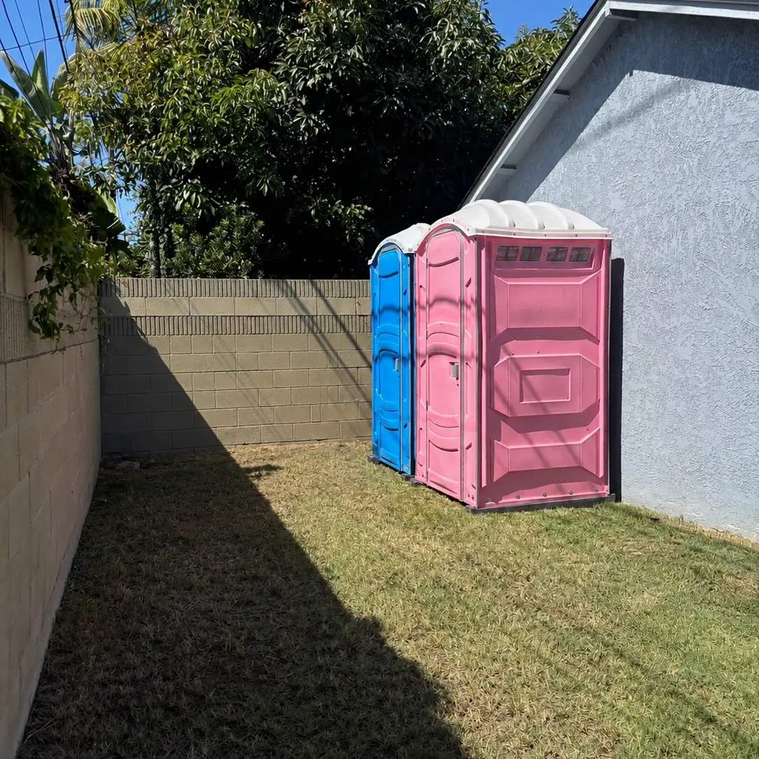 Portable toilets set up in a backyard for a party